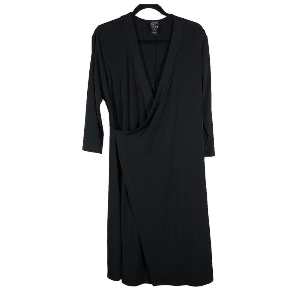 Clara Sun Woo Black Faux Wrap Dress 3/4 Sleeves Size Large